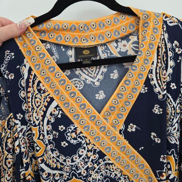 JM Collection Women's Plus Floral V Neck Waist Tie Detail‎ Blouse Blue Yellow 2X - Picture 3 of 12
